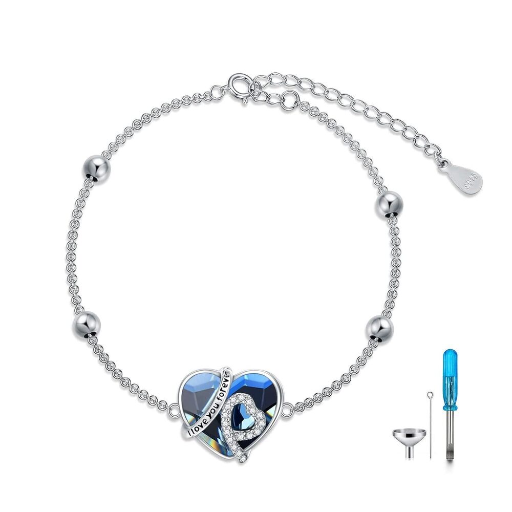 925 Sterling Silver I LOVE YOU FOREVER Heart Cremation Bracelet Holds